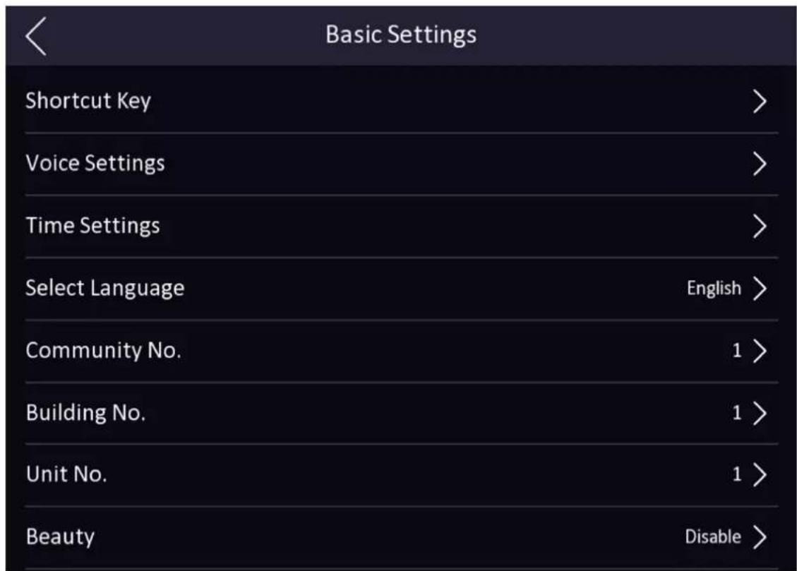 Basic Settings Shortcut Key > Voice Settings > Time Settings > Select Language English > Community No. 1 > Building No. 1 > Unit No. 1 > Beauty Disable >