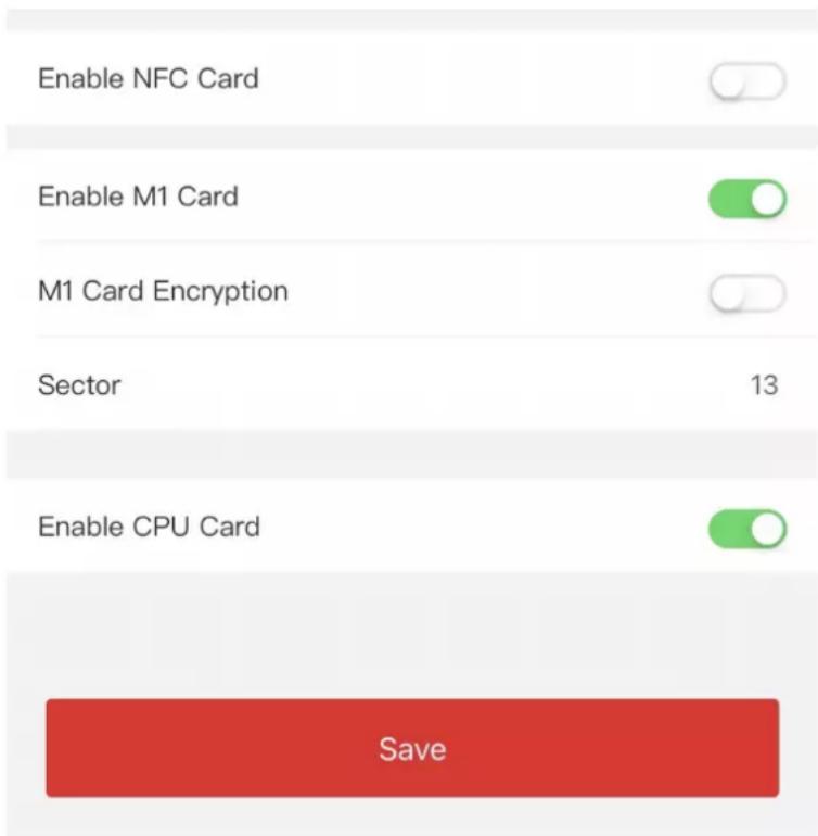 Enable NFC Card Enable M1 Card M1 Card Encryption Sector 13 Enable CPU Card Save