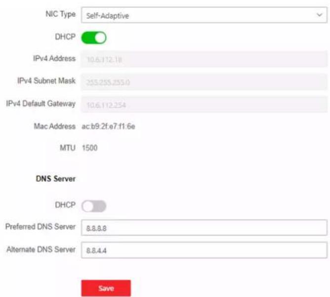 NIC Type Self-Adaptive DHCP IPv4 Address 10.6.112.18 IPv4 Subnet Mask 253.255.255.0 IPv4 Default Gateway 10.6.112.254 Mac Address ac:b9.2f.e7.f1.6e MTU 1500 DNS Server DHCP Preferred DNS Server 8.8.8.8 Alternate DNS Server 8.8.4.4 Save