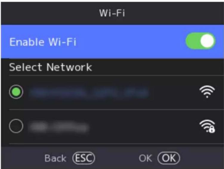 Wi-Fi Enable Wi-Fi Select Network Back ESC OK OK