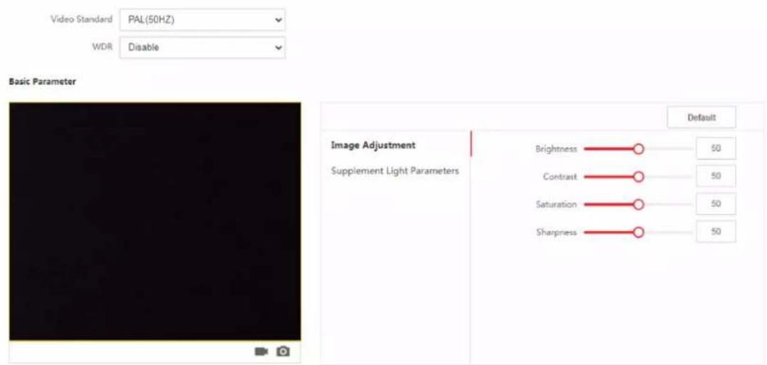 Video Standard PAL(50HZ) WDR Disable Basic Parameter Image Adjustment Supplement Light Parameters Default Brightness —— 50 Contrast —— 50 Saturation —— 50 Sharpness —— 50