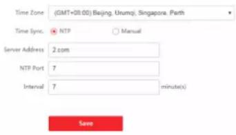 Time Zone (GMT+08:00) Beijing, Urumqi, Singapore, Perth Time Sync. NTP Manual Server Address 2 com NTP Port 7 Interval 7 minute(s) Save