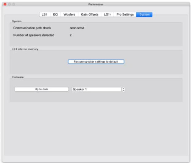 Preferences LS1 EQ Woolers Gain Offsets LS1r Pro Settings System System Communication path check connected Number of speakers detected 2 LS1 internal memory Restore speaker settings to default Firmware Up to date Speaker 1