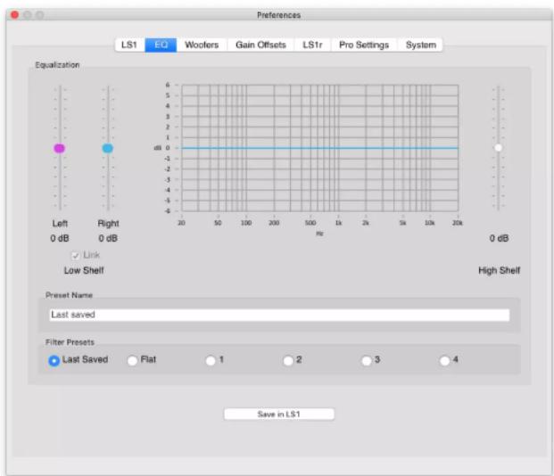 Preferences LS1 EQ Woofer Gain Offsets LS1r Pro Settings System Equalization Left Right 0 dB 0 dB Link Low Shelf High Shelf Preset Name Last saved Filter Presets Last Saved Flat 1 2 3 4 Save in LS1