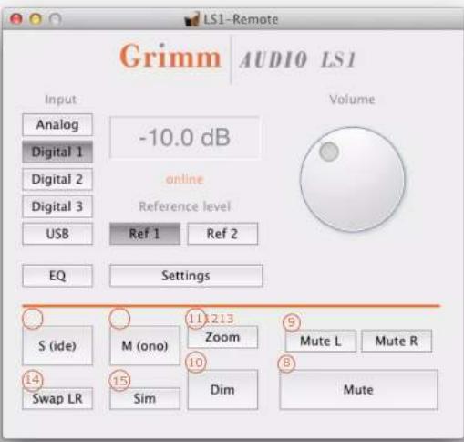 Grimm AUDIO LS1 Input Analog Digital 1 Digital 2 Digital 3 USB -10.0 dB Volume online Reference level Ref 1 Ref 2 EQ Settings S (ide) M (ono) 11.2.13 Zoom 10 Swap LR 15 Sim Dim 9 Mute L Mute R 8 Mute