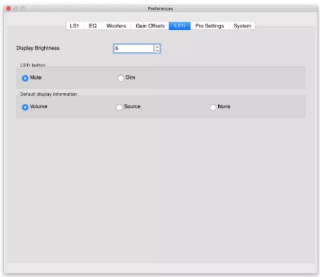 Preferences LS1 EQ Woolers Gain Offsets LS1r Pro Settings System Display Brightness 5 LS1r button Mute Dim Default display information Volume Source None