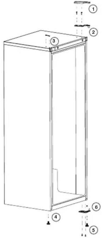 Technical diagram of a cabinet with numbered components and structural annotations