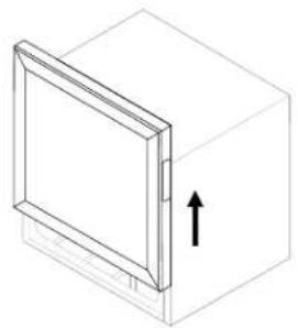 Isometric line drawing of a 3D cabinet or enclosure with an open lid and an upward arrow indicating direction (no text or symbols)