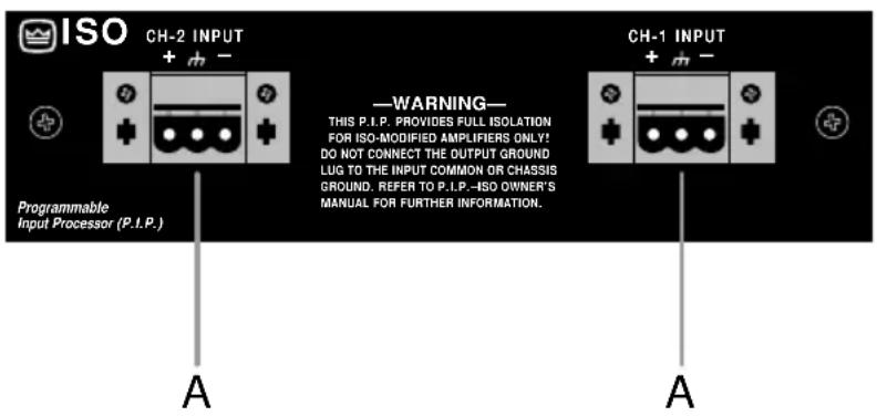 ISO CH-2 INPUT + m - PROGRAMMABLE Input Processor (P.I.P.) A A —WARNING— THIS P.I.P. PROVIDES FULL ISOLATION FOR ISO-MODIFIED AMPLIFIERS ONLY! DO NOT CONNECT THE OUTPUT GROUND LUG TO THE INPUT COMMON OR CHASSIS GROUND. REFER TO P.I.P.—ISO OWNER'S MANUAL FOR FURTHER INFORMATION. CH-1 INPUT + m -