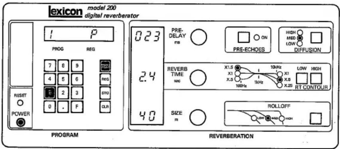lexicon model 200 digital reverberator 1 P PROG REG 7 8 9 4 5 6 REG 3 2 3 STO 0 . F CLR RESET POWER PROGRAM 0.23 PRE- DELAY ms PRE-ECHOES HIGH MED LOW DIFFUSION 2.4 REVERB TIME sec X1.5 X1 X.5 100Hz 1kHz X1 X.5 X.25 LOW HIGH RT CONTOUR SIZE m ROLLOFF LOW MED HIGH REVERBERATION