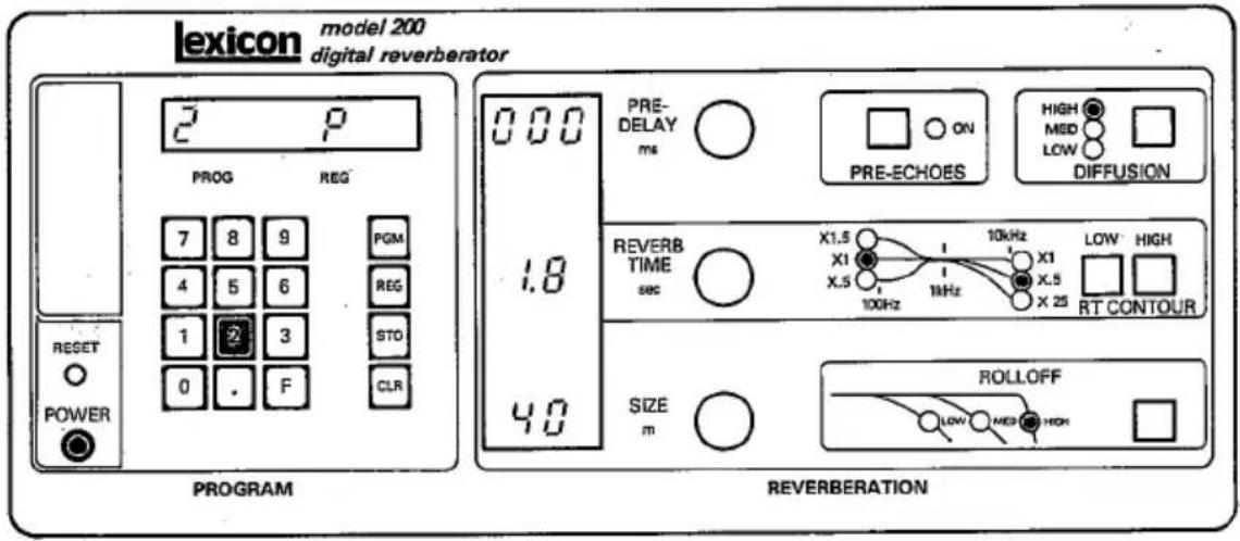 lexicon model 200 digital reverberator 2 P PROG REG 7 8 9 PGM 4 5 6 REG 1 2 3 STO 0 . F CLR RESET POWER PROGRAM 0.00 PRE- DELAY ms PRE-ECHOES HIGH MED LOW DIFFUSION 1.0 REVERB TIME sec X1.5 X1 X.5 10kHz 1MHz X1 X.5 X 25 LOW HIGH RT CONTOUR SIZE m ROLLOFF LOW MED HIGH REVERBERATION