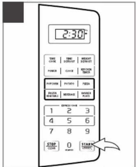 2:30" TIME CHECK | TIME DETROST | WEIGHT DEBRAST POWER | CLOCK | KITCHEN TOMES POP CREAM | POTATO | PEZZA FROZEN WHOLE LINE | REVENUE | BANANA PLATS EXPRESS COLOR 1 2 3 4 5 6 7 8 9 STOP CLEAR 0 START STARTING