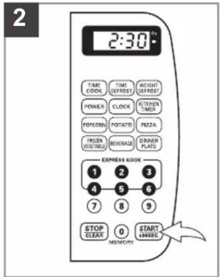 2:30 TIME COOK TIME DEFROST WEIGHT DEFROST POWER CLOCK KITCHEN TIMER POP/CORN POTATO PUZZA FROZEN VEGETABLE BEVERAGE DINNER PLATS EXPRESS COOK 1 2 3 4 5 6 7 8 9 STOP CLEAR 0 START 1000000 MEMORY