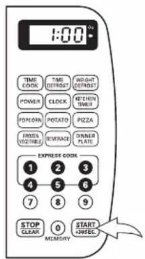 1:00 TIME COOK TIME DETROST WEIGHT DETROST POWER CLOCK KITCHEN TIMER POMCORN POTATO PIZZA FROZEN VEGETABLE BEVERAGE DOWNER PLATE EXPRESS COOK 1 2 3 4 5 6 7 8 9 STOP CLEAR 0 START +305EC MEMORY