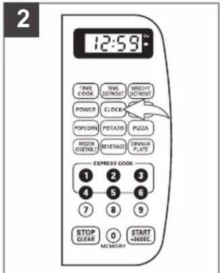 2 12:59 TIME COOK TIME DEROST WEIGHT POWER CLOCK POMCORN POTATO PUZZA FROZEN WEGETABLE BEVERAGE DENNER PLATE EXPRESS COOK 1 2 3 4 5 6 7 8 9 STOP CLEAR 0 START MEMORY ~36SEC.