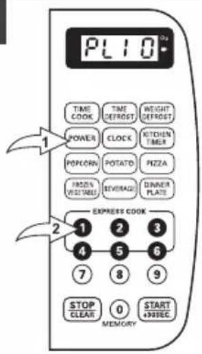 PL10 TIME COOK TIME DEFROST WEIGHT DEFROST POWER CLOCK KITCHEN TIMER POPORN POTATO PIZZA FROZEN VEGETABLE BEVERAGE DINNER PLATE EXPRESS COOK 1 2 3 4 5 6 7 8 9 STOP CLEAR 0 START +FREE MEMORY