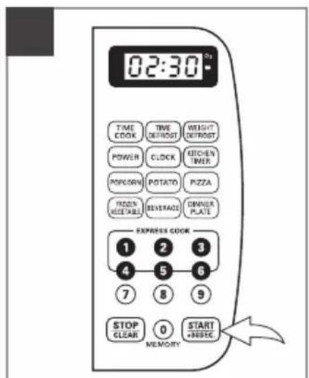 02:30 TIME COOK TIME DETROST WEIGHT DETROST POWER CLOCK KITCHEN TIMER POPCORN POTATO PIZZA FROZEN VEGETABLE BEVERAGE DENNER PLATE EXPRESS COOK 1 2 3 4 5 6 7 8 9 STOP CLEAR 0 START +36SEC MEMORY