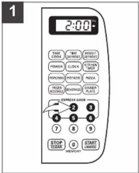 1 2:00 TIME COOK TIME DEFROST WEIGHT DEFROST POWER CLOCK KITCHEN TIMER PONCORN POTATO PIZZA FROZEN ROUTAL BEVERAGE DINNER PLATE EXPRESS COOK 2 3 4 5 6 7 8 9 STOP CLEAR 0 START +33DEC MEMORY
