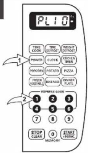 PL10 TIME COOK TIME DEFROST WEIGHT DEFROST POWER CLOCK KITCHEN TIVER POPCORN POTATO PIZZA FROZEN VEGETABLE BEVERAGE OWNER PLATE EXPRESS COOK 1 2 3 4 5 6 7 8 9 STOP CLEAR 0 START -36SEC MEMORY