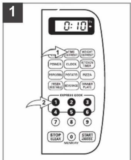 1 0:10 TIME DEFRST ATRIGHT DEFRST POWER CLOCK KITCHEN TIMER POTCORN POTATO PUZZA FROZEN VEGETABLE BEVERAGE DINNER PLATE EXPRESS COOK 1 2 3 4 5 6 7 8 9 STOP CLEAR 0 START 400000 MEMORY