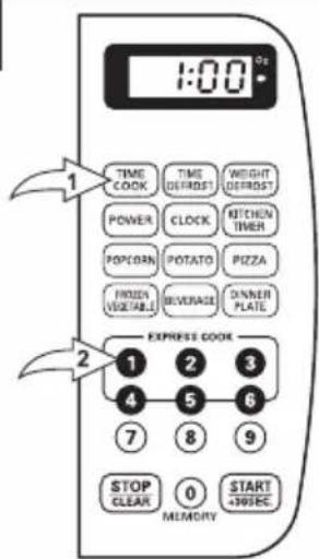 1:00 TIME COOK TIME DEFROST WEIGHT DEFROST PONNER CLOCK KITCHEN TIMER POPEDR POTATO PIZZA FROZEN VEGETABLE BEVERAGE DOWNER PLATE EXPRESS COOK 1 2 3 4 5 6 7 8 9 STOP CLEAR 0 START +305EC MEMORY