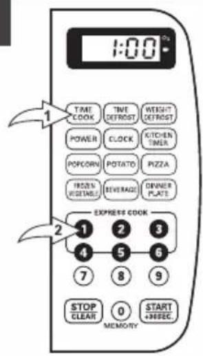 1:00' TIME COOK TIME DETROST WEIGHT DETROST POWER CLOCK KITCHEN TIMER POP/CORN POTATO PIZZA FROZEN VEGETABLE BEVERAGE DINNER PLATE EXPRESS COOK 1 2 3 4 5 6 7 8 9 STOP CLEAR 0 START +INSEC MEMORY