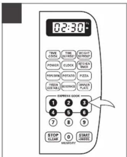 02:30 TIME COOK TIME DETROST WEIGHT DETROST POWER CLOCK KITCHEN TIVER POP CORN POTATO PIZZA FROZIN VEGETABLE BEVERAGE OWNER PLATE EXPRESS CODE 1 2 3 4 5 6 7 8 9 STOP CLEAR 0 START =30EE MEMORY