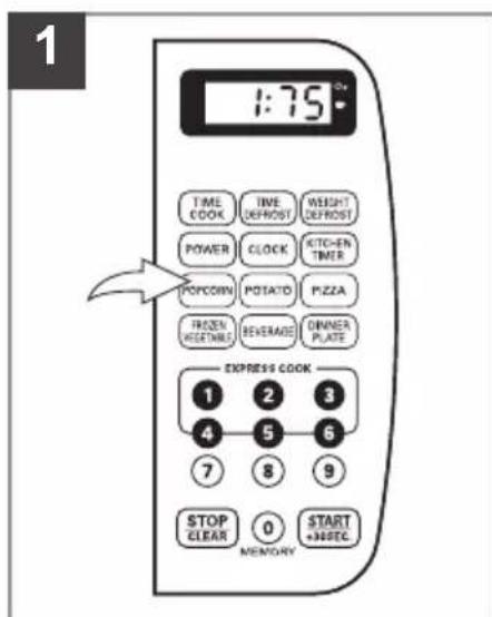 1:75 TIME COOK TIME DEFROST WEIGHT DEFROST POWER CLOCK KITCHEN TIMER PORCOIN POTATO PIZZA FROZEN REBEINED BEVERAGE OWNER PLATE EXPRESS COOK 1 2 3 4 5 6 7 8 9 STOP CLEAR 0 START +3#SEC MEMORY