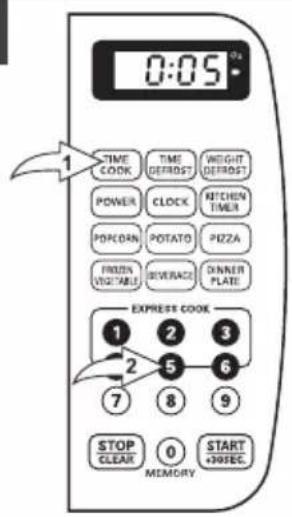 0:05 TIME COOK TIME DEFROST WEIGHT DEFROST POWER CLOCK KITCHEN TIMER PORCORN POTATO PIZZA FROZEN VEGETABLE BEVERAGE DINNER PLATE EXPRESS COOK 1 2 3 2 5 6 7 8 9 STOP CLEAR 0 START MEMORY