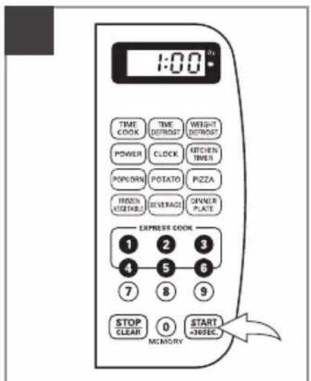 1:00 TIME COOK TIME DETROST WEIGHT DETROST POWER CLOCK KITCHEN TIMER POPCORN POTATO PIZZA FROZEN VEGETABLE BEVERAGE OWNER PLATE EXPRESS COOK 1 2 3 4 5 6 7 8 9 STOP CLEAR 0 START =30SEC MEMORY