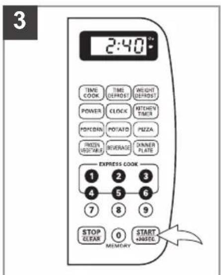 3 2:40° TIME COOK TIME DEFROST WEIGHT DEFROST POWER CLOCK KITCHEN TIMER POTCOIN POTATO PIZZA FRIEN VEGETABLE BEVERAGE DINNER PLATE EXPRESS COOK 1 2 3 4 5 6 7 8 9 STOP CLEAR 0 START +3/26C MEMORY