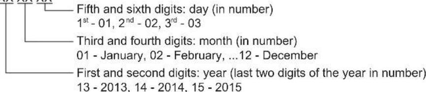Fifth and sixth digits: day (in number) 1st - 01, 2nd - 02, 3rd - 03 Third and fourth digits: month (in number) 01 - January, 02 - February, ...12 - December First and second digits: year (last two digits of the year in number) 13 - 2013, 14 - 2014, 15 - 2015