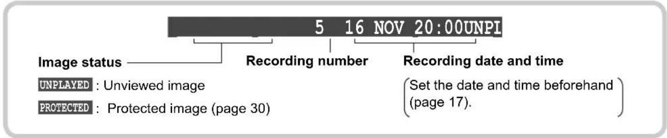 5 16 NOV 20:00UNPI Image status —— Recording number —— Recording date and time UNPLAYED : Unviewed image PROTECTED : Protected image (page 30) (Set the date and time beforehand (page 17).)