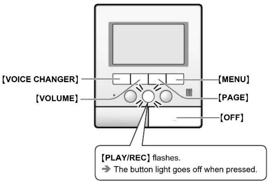 [VOICE CHANGER] [VOLUME] [MENU] [PAGE] [OFF] [PLAY/REC] flashes. → The button light goes off when pressed.