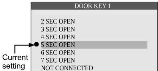 DOOR KEY 1 2 SEC OPEN 3 SEC OPEN 4 SEC OPEN 5 SEC OPEN 6 SEC OPEN 7 SEC OPEN NOT CONNECTED Current setting
