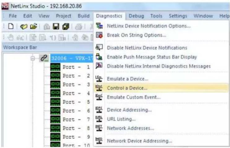 NetLinx Studio - 192.168.20.86 File Edit View Project Build Diagnostics Debug Tools Settings Window Help Workspace Bar 32006 - VEX-17 Port - 1 Port - 2 Port - 3 Port - 4 Port - 5 Port - 6 Port - 7 Port - 8 Port - 9 Port - 10 NetLinx Device Notification Options... Break On String Options... Disable N…
