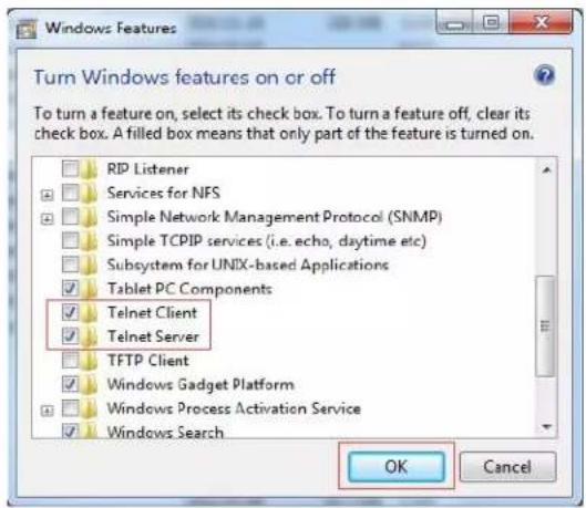 Turn Windows features on or off To turn a feature on, select its check box. To turn a feature off, clear its check box. A filled box means that only part of the feature is turned on. RIP Listener Services for NFS Simple Network Management Protocol (SNMP) Simple TCPIP services (i.e. echo, daytime etc…
