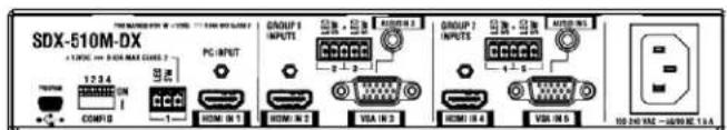 SDX-510M-DX + 1200C → 400A MAX COM 7 PG INPUT COM 6 HDMI IN 5 GROUP 1 INPUTS HDMI IN 3 GROUP 2 INPUTS HDMI IN 2 GROUP 3 INPUTS HDMI IN 1 VDD IN 6 100 240 XSE → 400X SE 1.8A