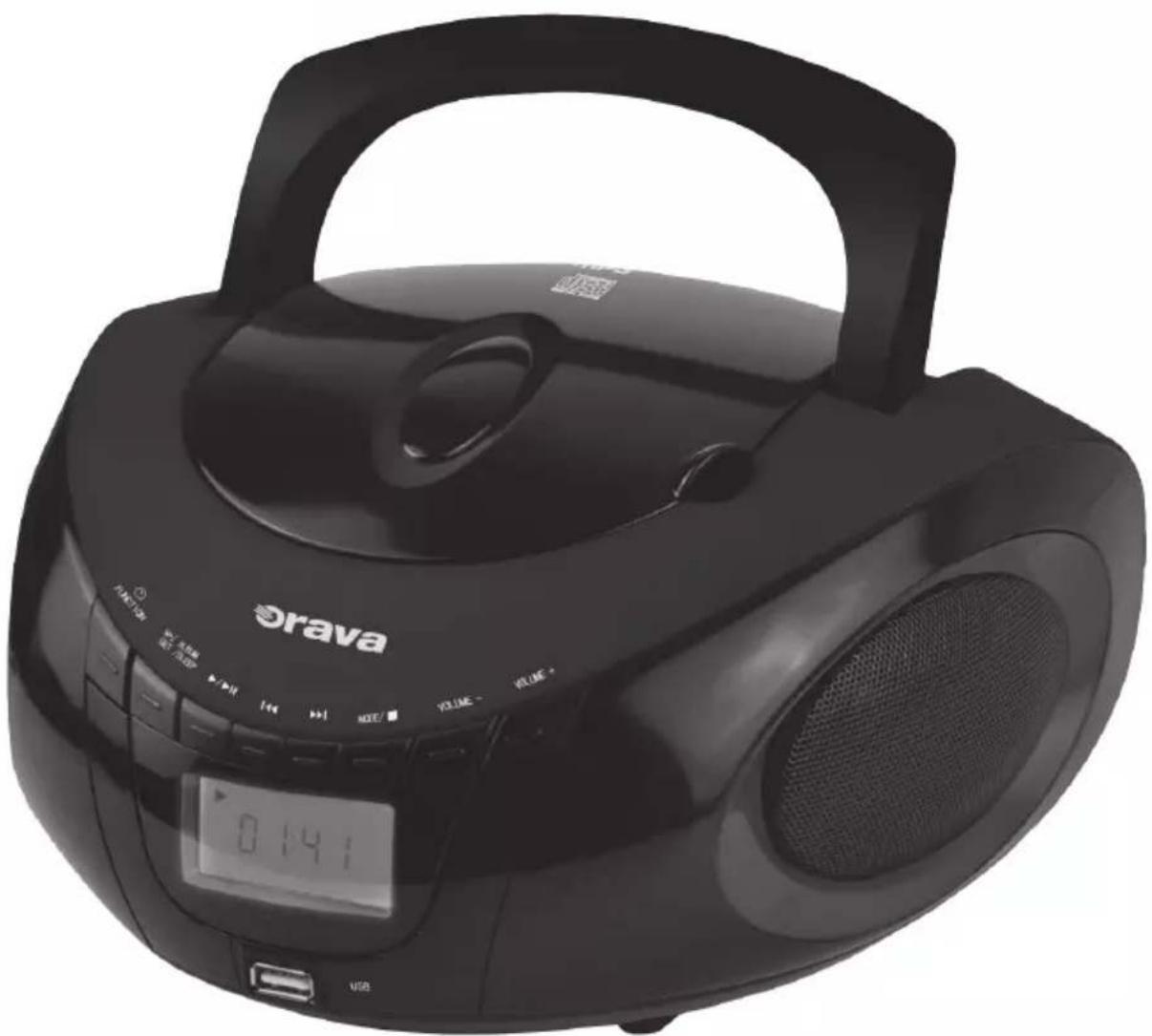Black Orava portable radio with analog clock and speaker grille (no visible text or symbols on device body)