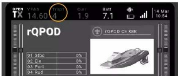OPEN VFAS Temp1 Curr Batt 14 Mar TX 14.60 4 1.9 7.1 10:54 rQPOD rQPOD CE X8R 01 Stbd 0% 02 Ele 0% 03 Port 0% 04 Rud 0%
