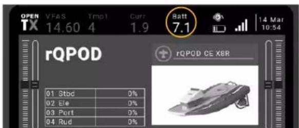 OPEN TX VFAS Tmp1 Curr 1.9 Batt 7.1 14 Mar 10:54 rQPOD rQPOD CE XSR 01 Stbd 0% 02 Ele 0% 03 Port 0% 04 Rud 0%