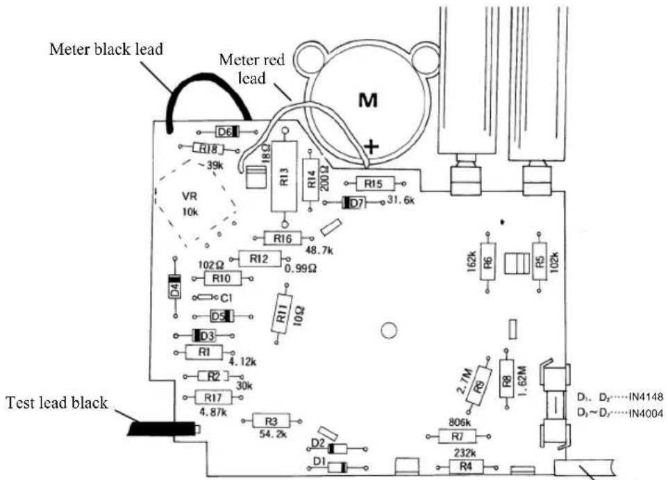Meter black lead Meter red lead M + D6 R18 39k VR 10k R13 18Ω R14 200Ω R15 31.6k D7 R16 48.7k 102Ω R12 0.99Ω C1 R10 R11 10Ω D5 D3 R1 4.12k R2 30k R17 4.87k R3 54.2k D2 D1 2.7M R9 R8 1.62M 806k R7 232k R4 D1... D2....IN4148 D3~D7....IN4004 Test lead black