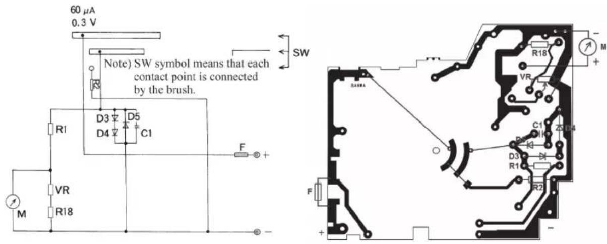 60 µA 0.3 V Note) SW symbol means that each contact point is connected by the brush. SW D3 D5 D4 C1 R1 F M VR R18 BANWA R18 VR C1 D3 D4 R1 F R2 -