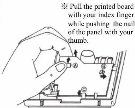 Pull the printed board with your index finger while pushing the nail of the panel with your thumb.