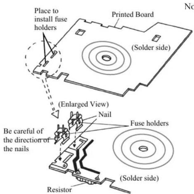 Place to install fuse holders Printed Board (Solder side) (Enlarged View) Nail Fuse holders Be careful of the direction of the nails (Solder side) Resistor