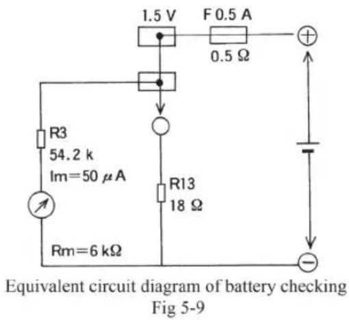 1.5 V F 0.5 A 0.5 Ω R3 54.2 k Im=50 μA R13 18 Ω Rm=6 kΩ Equivalent circuit diagram of battery checking Fig 5-9