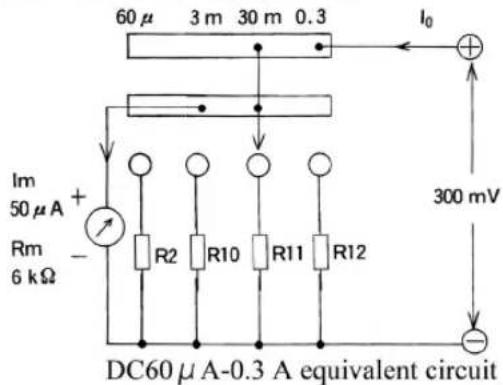 60 μ 3 m 30 m 0.3 Im 50 μA + Rm 6 kΩ - DC60 μA-0.3 A equivalent circuit I₀ + 300 mV -