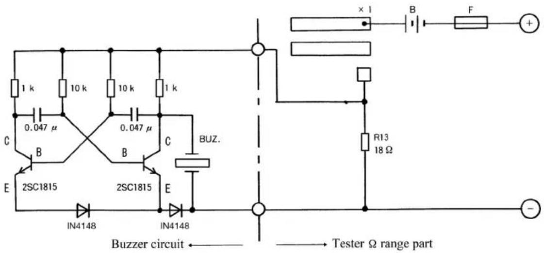 1 k 10 k 10 k 1 k 0.047 μ 0.047 μ C B C BUZ. E 2SC1815 2SC1815 E IN4148 IN4148 × I B F + RI3 18 Ω - Buzzer circuit ← → Tester Ω range part