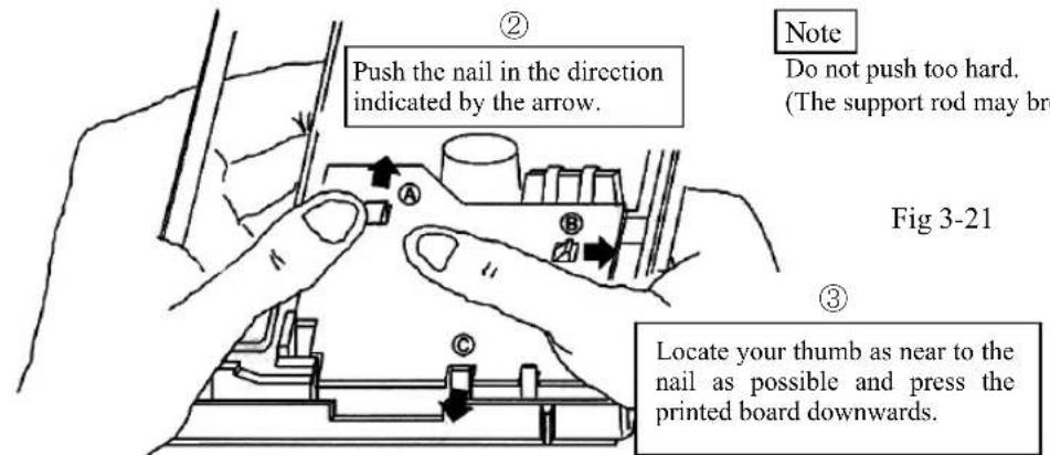 ② Push the nail in the direction indicated by the arrow. Note Do not push too hard. (The support rod may br Fig 3-21 ③ Locate your thumb as near to the nail as possible and press the printed board downwards.