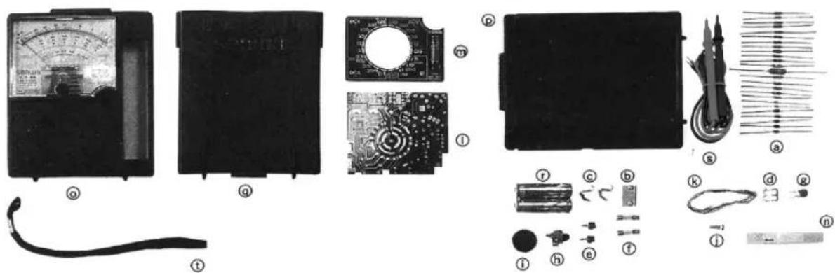 Exploded view diagram of electronic components with labeled parts including analog meters, circuit boards, and sensors